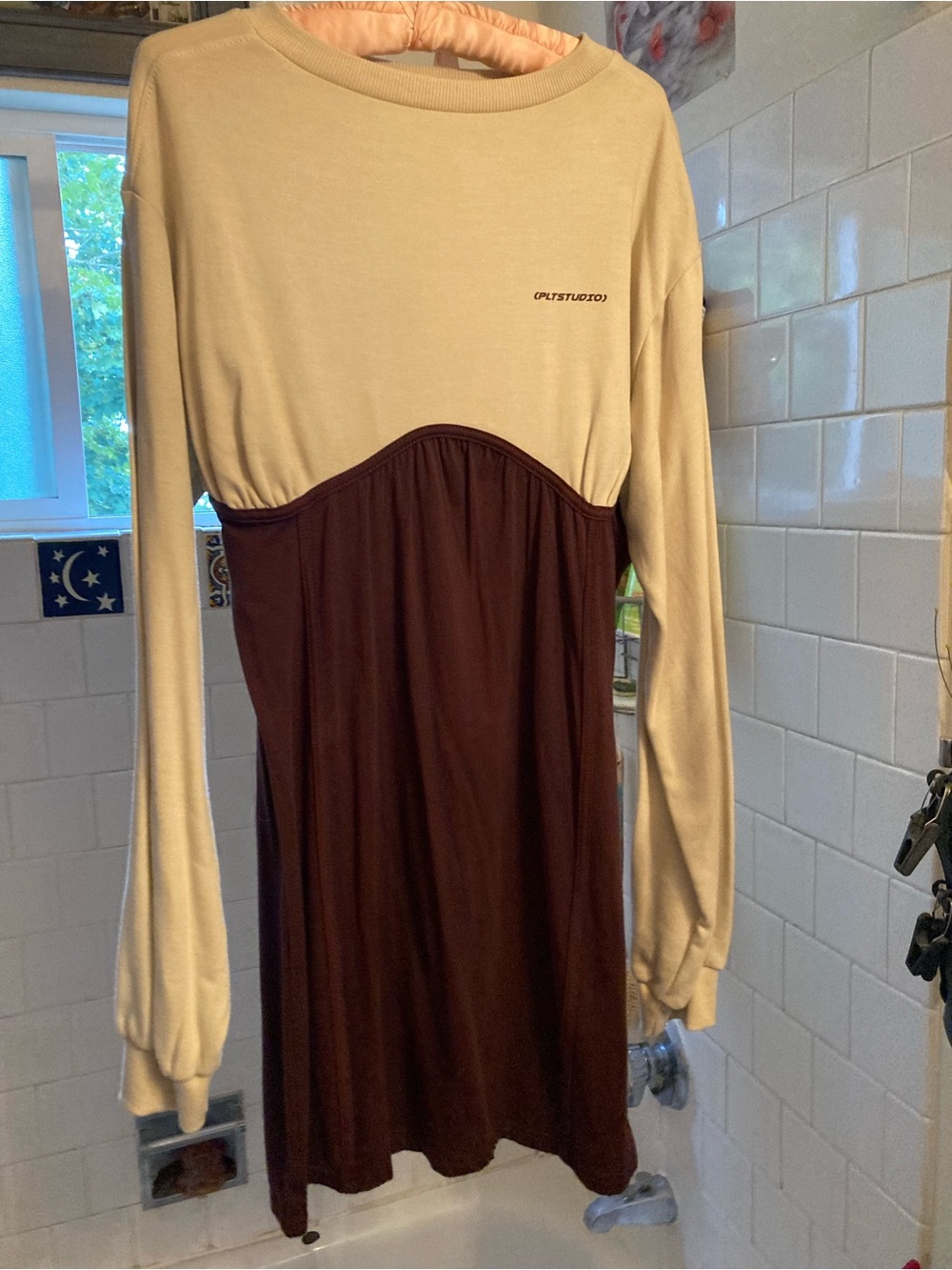 PrettyLittleThing Cream and Brown Two-Tone Long Sleeve Dress
